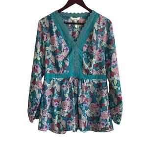 Matilda Jane Women Catalina Floral Babydoll Top L Teal Cottagecore Y2K Boho